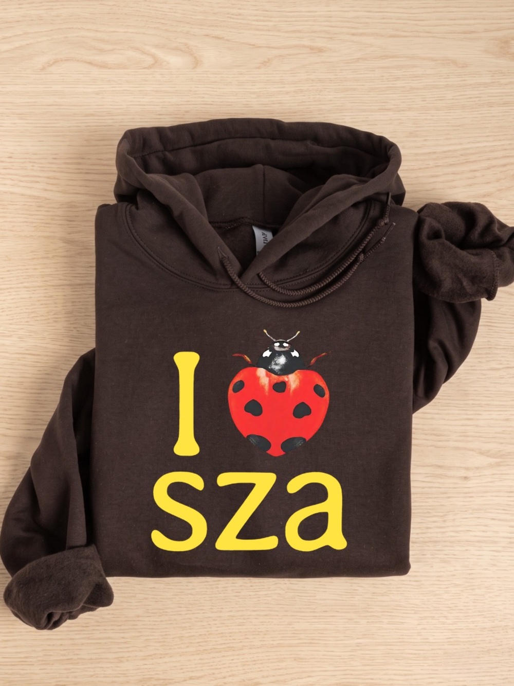 Gildan Brown Hoodie with Yellow "I SZA" Ladybug Graphic